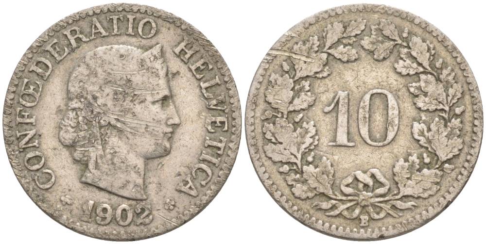 ШВЕЙЦАРИЯ 10 РАППЕНОВ 1904 В KM 27 медно-никель 96-643