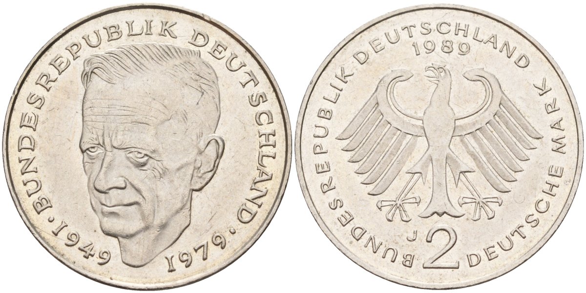 ФРГ 2 марки 1989 J , Курт Шумахер, 30 лет Федеративной Республике (1949-1979) KM 149, J. 424 медно-никель плакированный никелем 4168-443