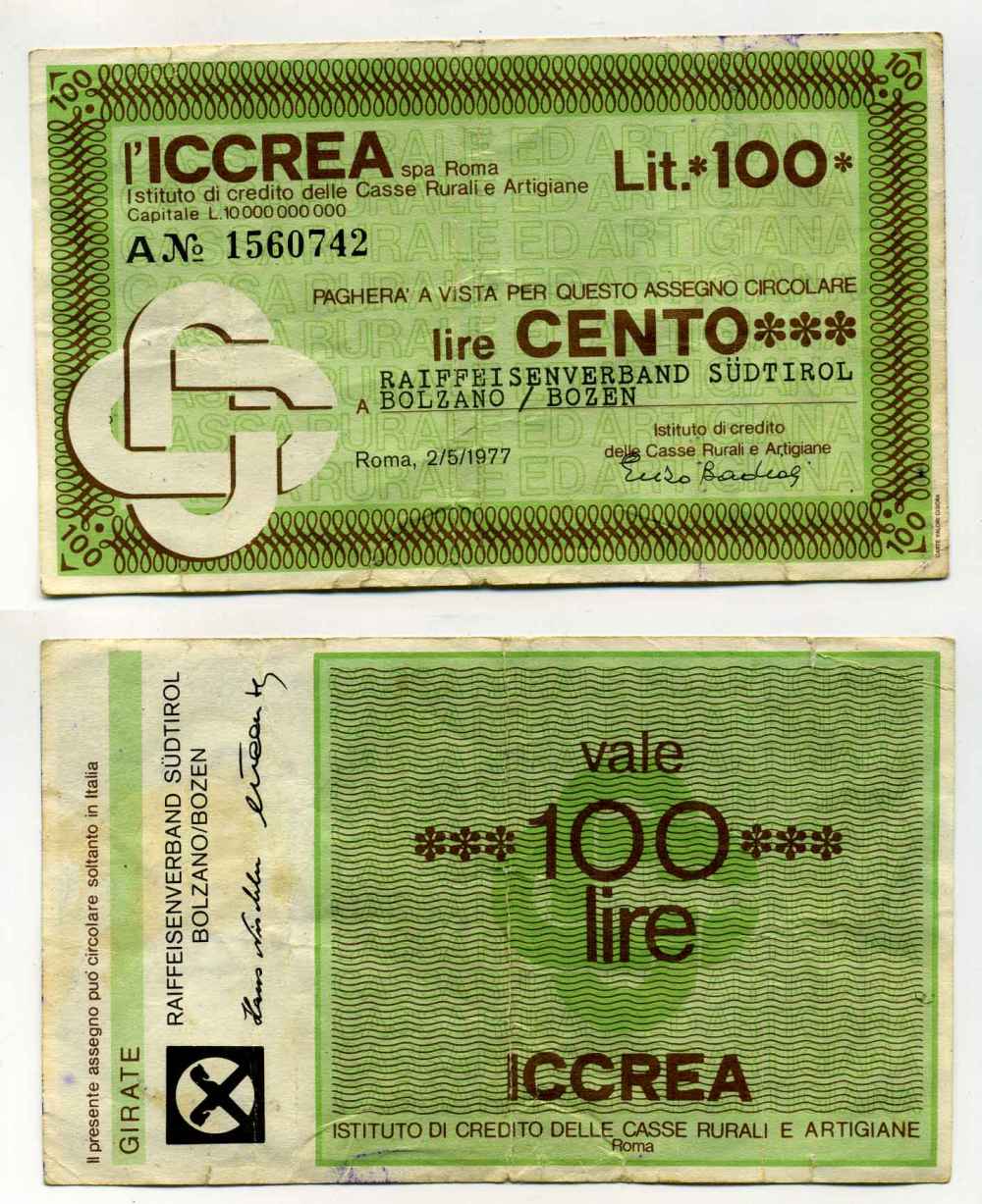 Италия 100 лир 1977 Iccrea spa Roma, RAIFFEISENVERBand SUDTIROL bolzano/BOZEN, 2 мая 1977 Рим бумага 8588-21-1-1