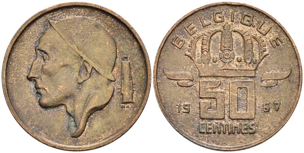 БЕЛЬГИЯ 50 САНТИМОВ 1967 BELGIQUE KM 148.1 бронза 4528-924