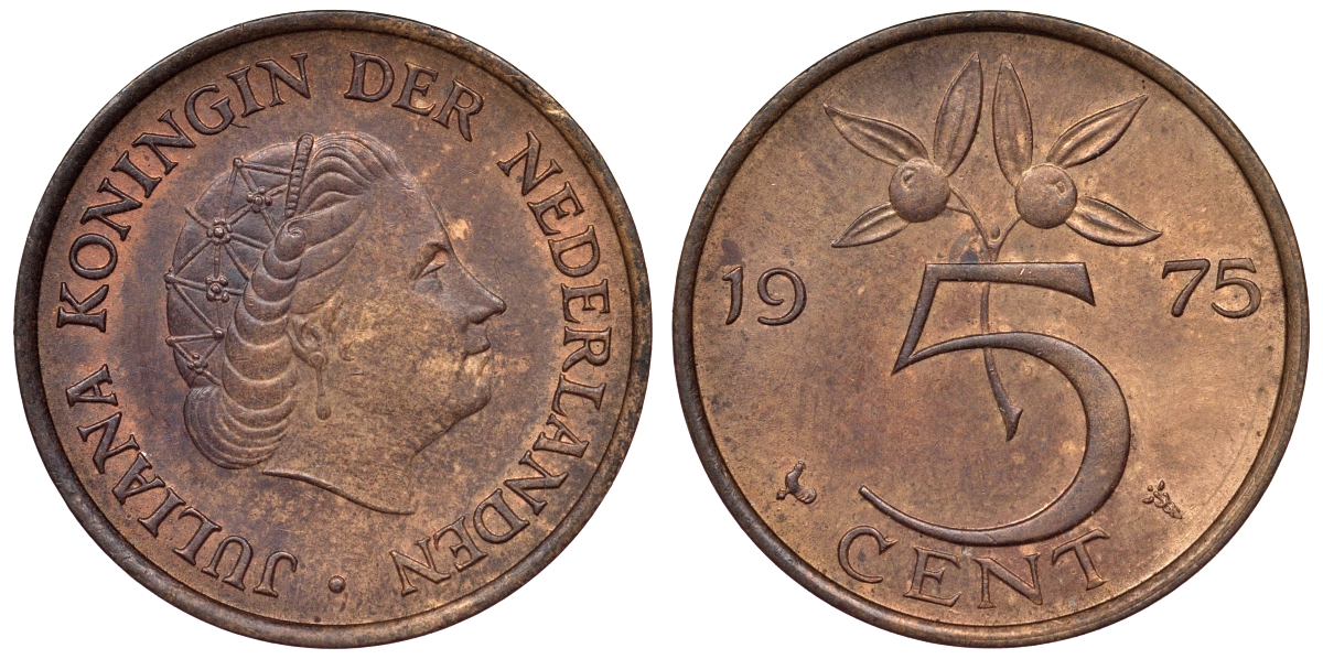 Нидерланды 5 центов 1975 Юлиана (1949-1980) KM 181 бронза 71-124