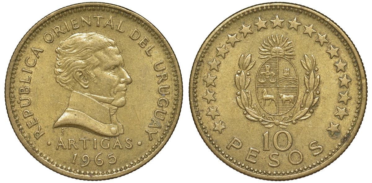 Уругвай 10 песо 1965 KM 48 алюминиевая бронза 4574-716