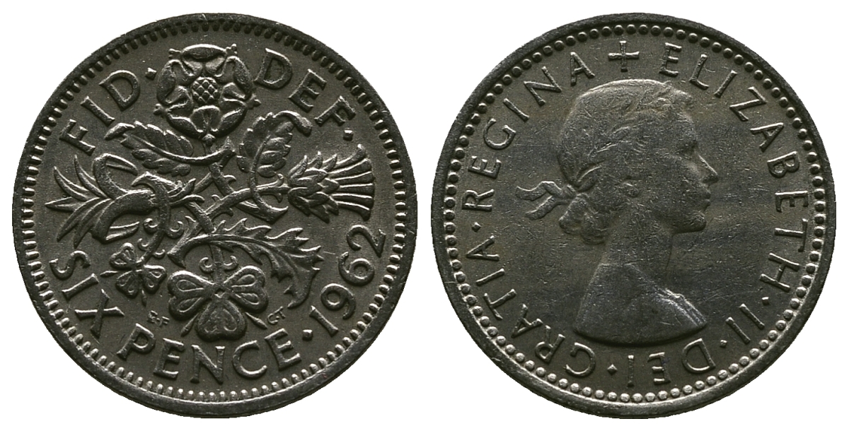 Великобритания 6 пенсов 1962 Елизавета II (1952-2022) KM 903, Spink 4149 медно-никель 4381-752