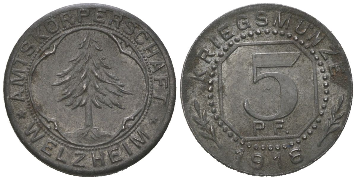 Вельцхайм (Вюртемберг) 5 пфеннигов 1918 Funck 593.1, Men05 26523.1, Men18 33344.1 железо aUNC 4151-1248