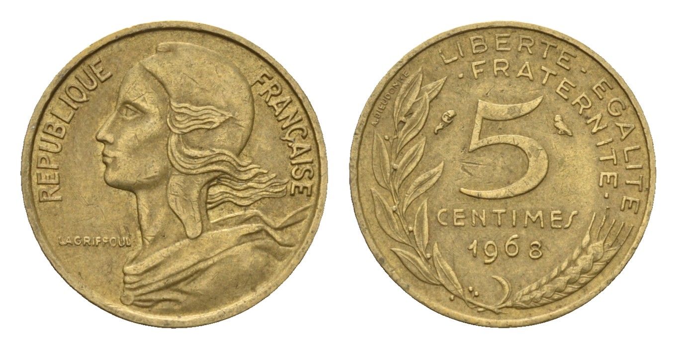 Франция 5 сантимов 1968 KM 933 алюминиевая бронза 4613-168