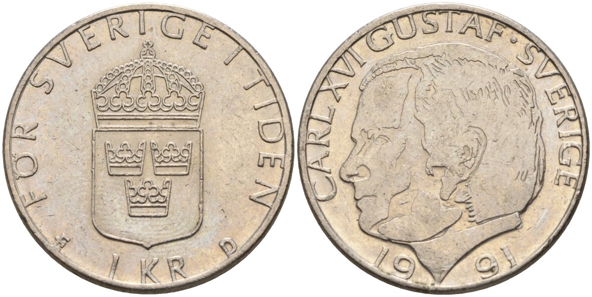Швеция 1 крона 1991 D, Карл XVI Густав (1973- ) KM 852a медно-никель 4150-414