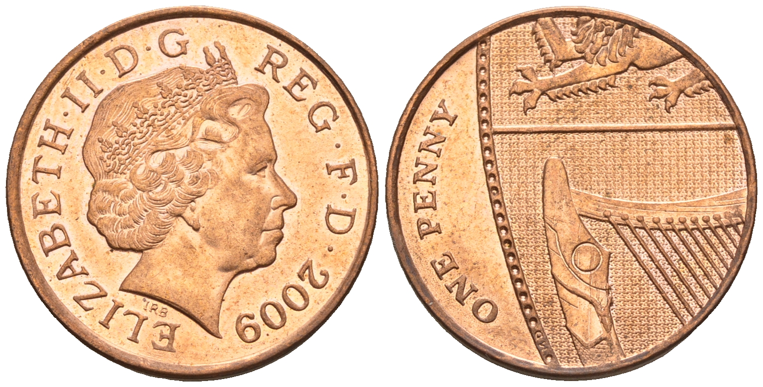 Великобритания 1 пенни 2009 Елизавета II (1952-2022) KM 1107, Spink B6 сталь плакированная медью 4609-654