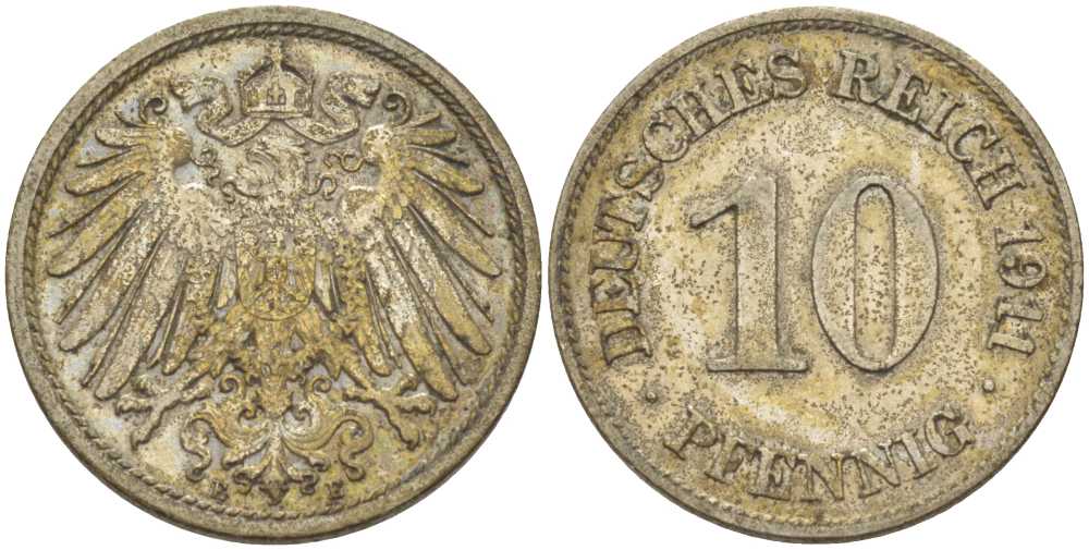 ГЕРМАНИЯ 10 ПФЕННИГОВ 1911 E KM 12, J. 13, Weege 8 медно-никель 212-151