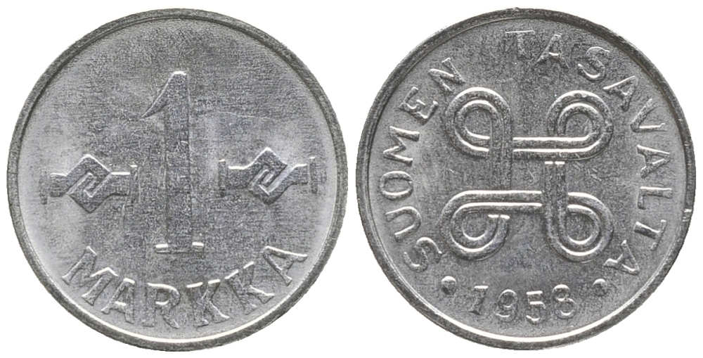 ФИНЛЯНДИЯ 1 МАРКА 1958 KM 36а железо плакированное никелем UNC 100-968