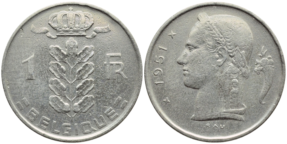 БЕЛЬГИЯ 1 ФРАНК 1951 BELGIQUE KM 142.1 медно-никель 4390-622