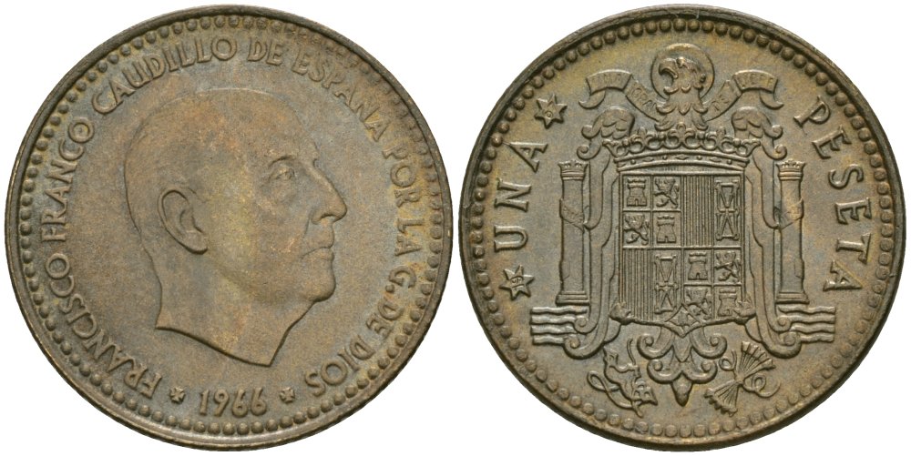 Испания 1 песета 1966 (67) Франциско Франко KM 796 алюминиевая бронза 4579-144
