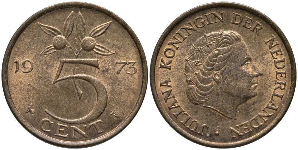 НИДЕРЛАНДЫ 5 ЦЕНТОВ 1973 ЮЛИАНА KM 181 бронза 113-656