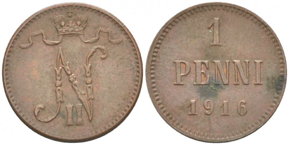 РОССИЯ ДЛЯ ФИНЛЯНДИИ 1 ПЕННИ 1916 НИКОЛАЙ II (1895-1917) KM 13, Биткин 476 медь 211-1026