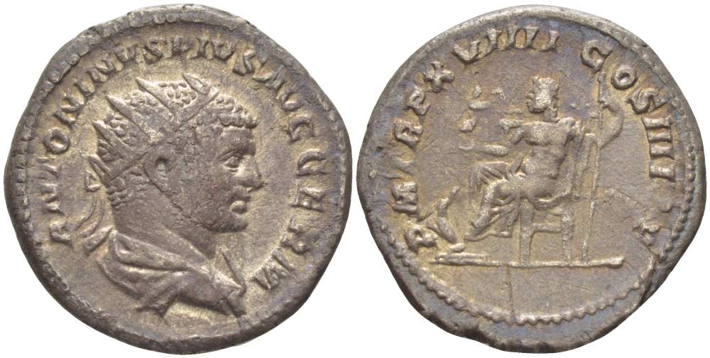 Римская Империя антониниан 216 Каракалла, ANTONINVS PIVS AVG GERM, бюст императора / PM TRP XVIIII COS IIII PP, Серапис, Рим, 4,21 гр RIC 277 серебро 1073-18-67