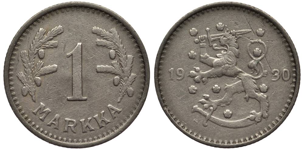 ФИНЛЯНДИЯ 1 МАРКА 1930 S KM 30 медно-никель 4548-1052