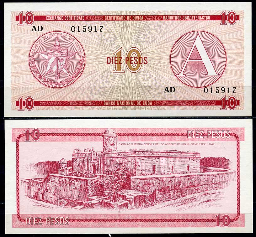 Куба, валютный сертификат 10 песо ND (1985) серия A, красная Pick FX 4 бумага UNC (пресс) 447-62-2