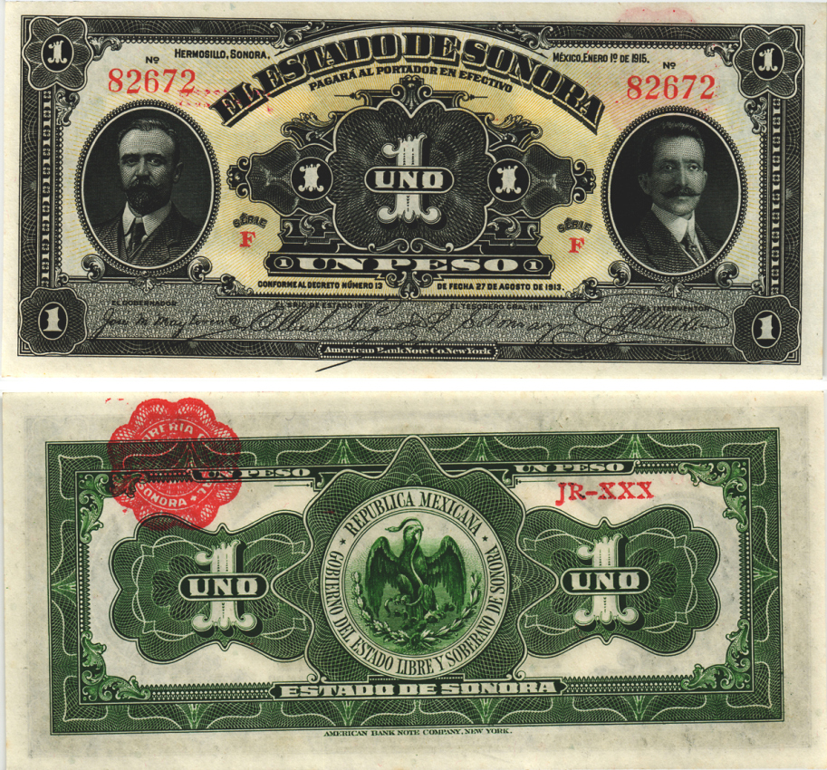 Мексика, Революция 1 песо 1915 Сонора, JR-XXX Pick S1071 бумага aUNC 6287-18-2