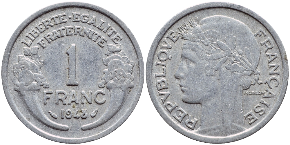 ФРАНЦИЯ 1 ФРАНК 1948 ТИП MORLON, LEGERE KM 885a.1, LE FRANC 221.13 алюминий 4397-654