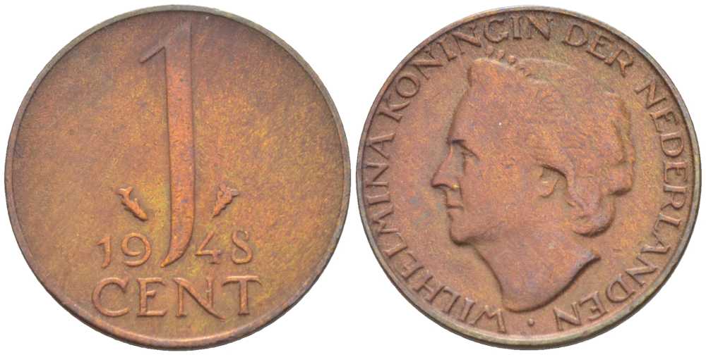 Нидерланды 1 цент 1948 Вильгельмина (1890-1948), год тип KM 175 бронза 211-714