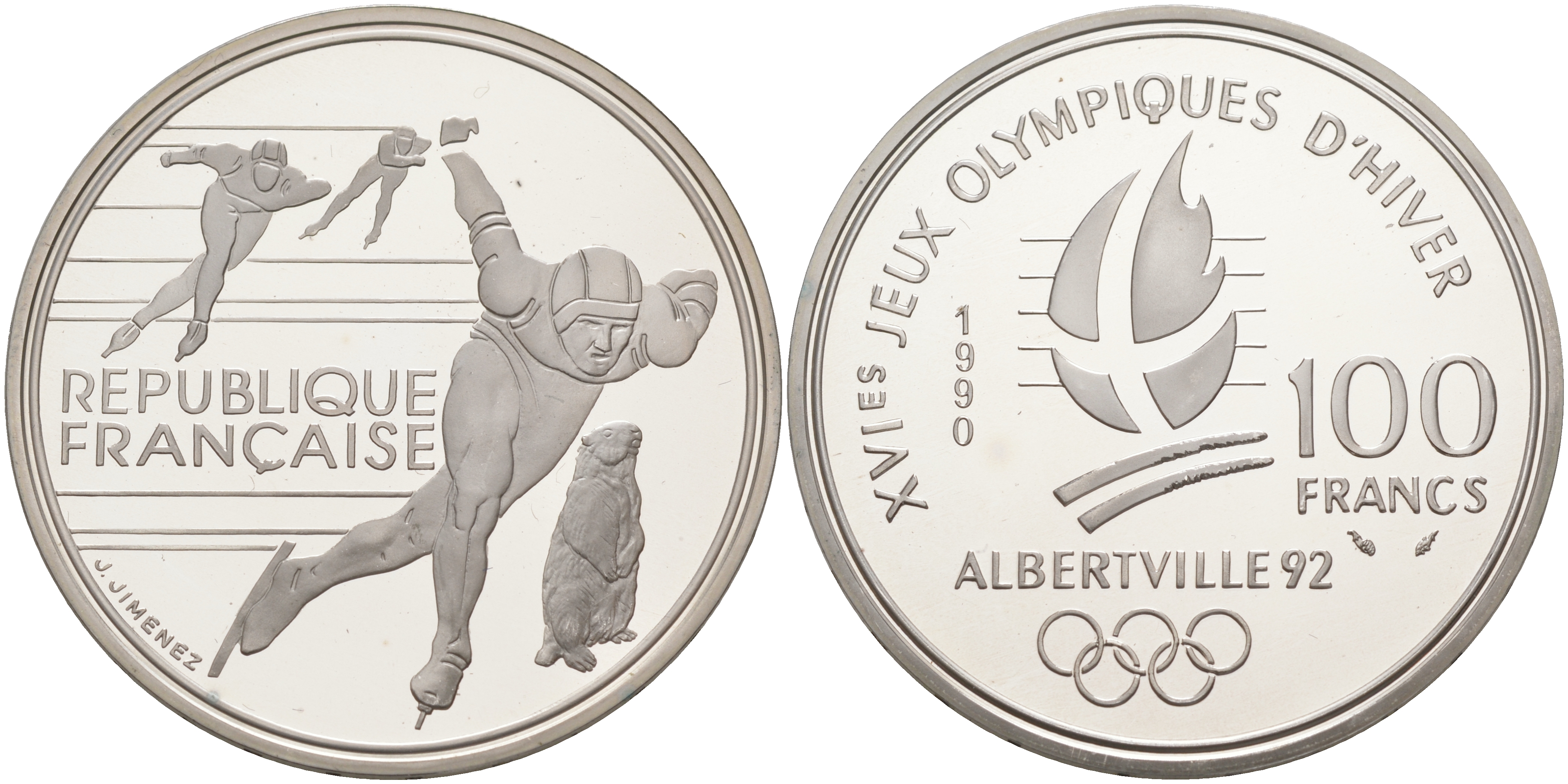 Франция 100 франков 1990 XVI Зимние Олимпийские игры 1992 в Альбервиле, конькобежный спорт KM 980 серебро PROOF 1074-7-12