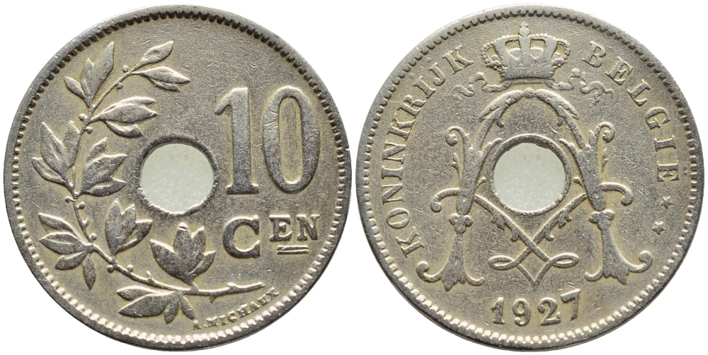 БЕЛЬГИЯ 10 САНТИМОВ 1927 BELGIE KM 86 медно-никель 86-921