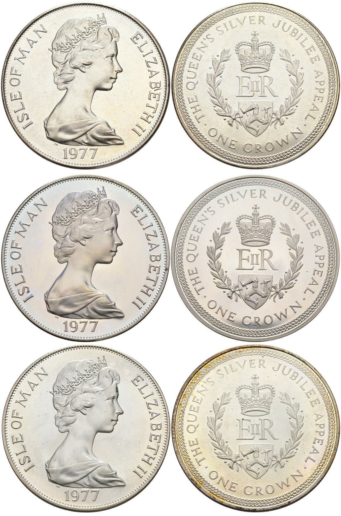 Остров Мэн набор из 3 монет по 1 крона 1977 25 лет правления Елизаветы II, в буклете KM 42, 42а, 42а серебро, серебро, медно-никель PROOF, UNC, UNC 7-5-1-23