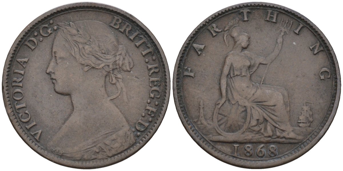 Великобритания 1 фартинг 1868 Виктория (1837-1901) KM 747.2, Spink 3958 бронза 4584-132