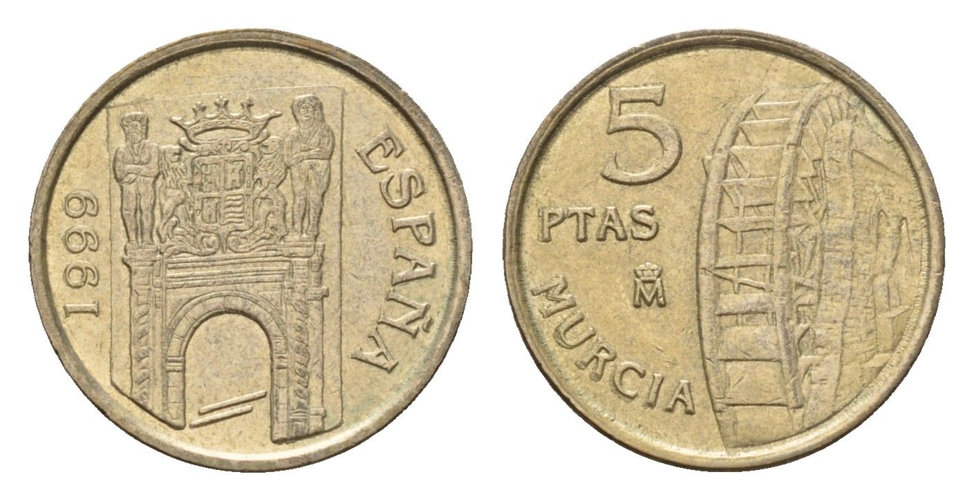 Испания 5 песет 1999 Хуан Карлос I (1975-2014), Мурсия KM 1008 алюминиевая бронза 4685-1062