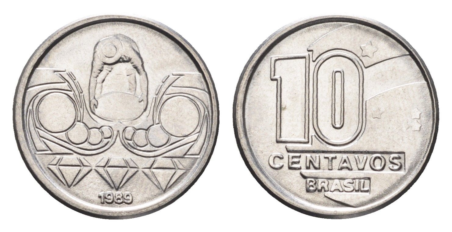 Бразилия 10 сентаво 1989 золотодобыча KM 613 нержавеющая сталь UNC 4664-524