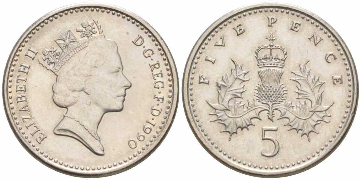 Великобритания 5 пенсов 1990 Елизавета II (1952-2022) KM 937b, Spink 4372 (D4) медно-никель 4549-418