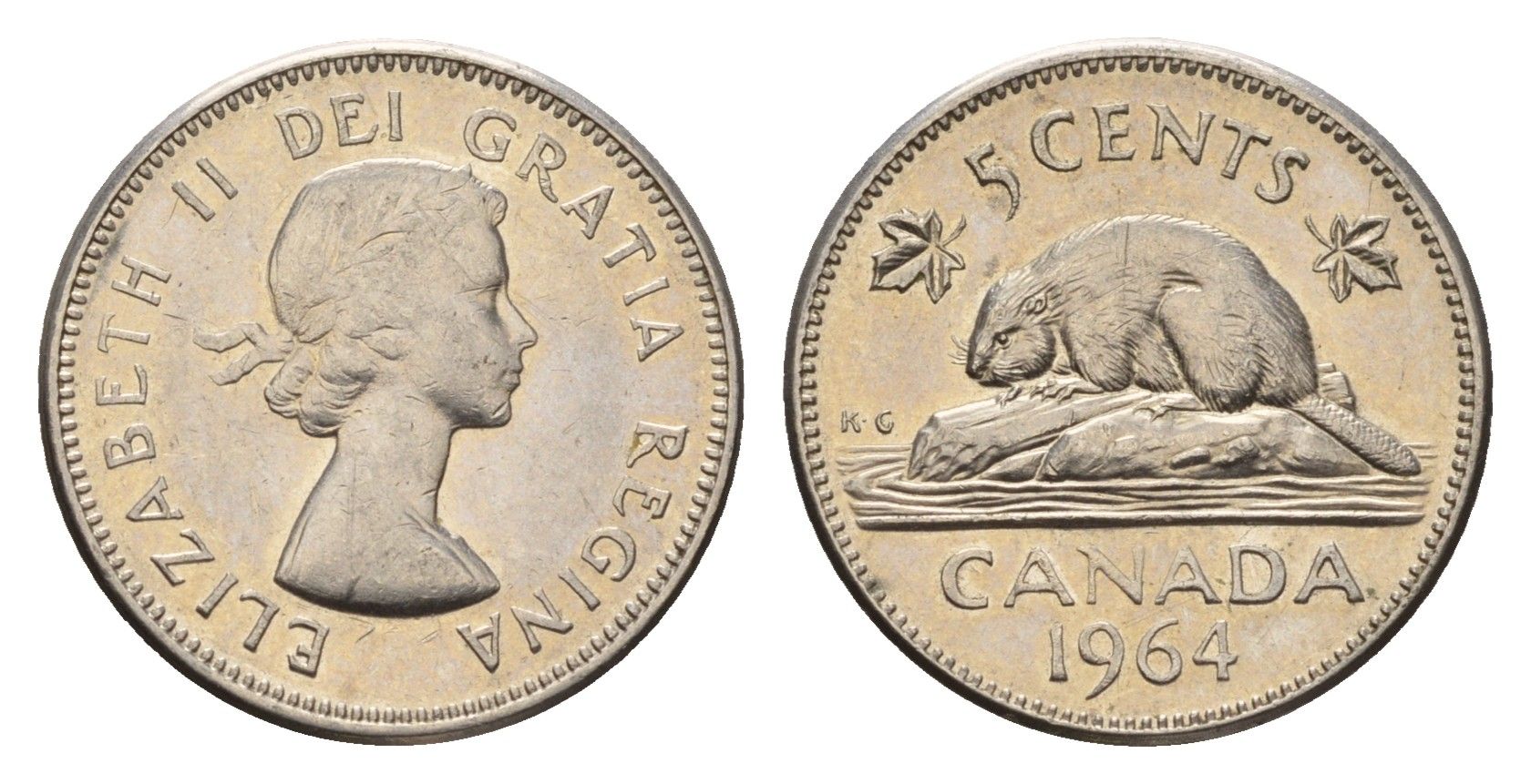 Канада 5 центов 1964 Елизавета II (1952-2022), бобр KM 57 никель 4611-551