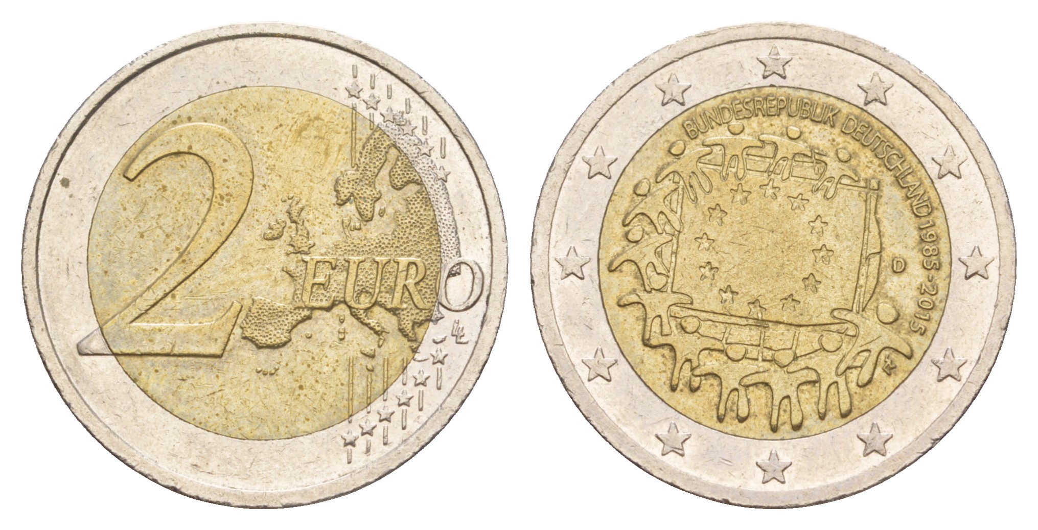 ФРГ 2 евро 2015 D, 30 лет флагу Евросоюза KM 339 биметалл    4641-233