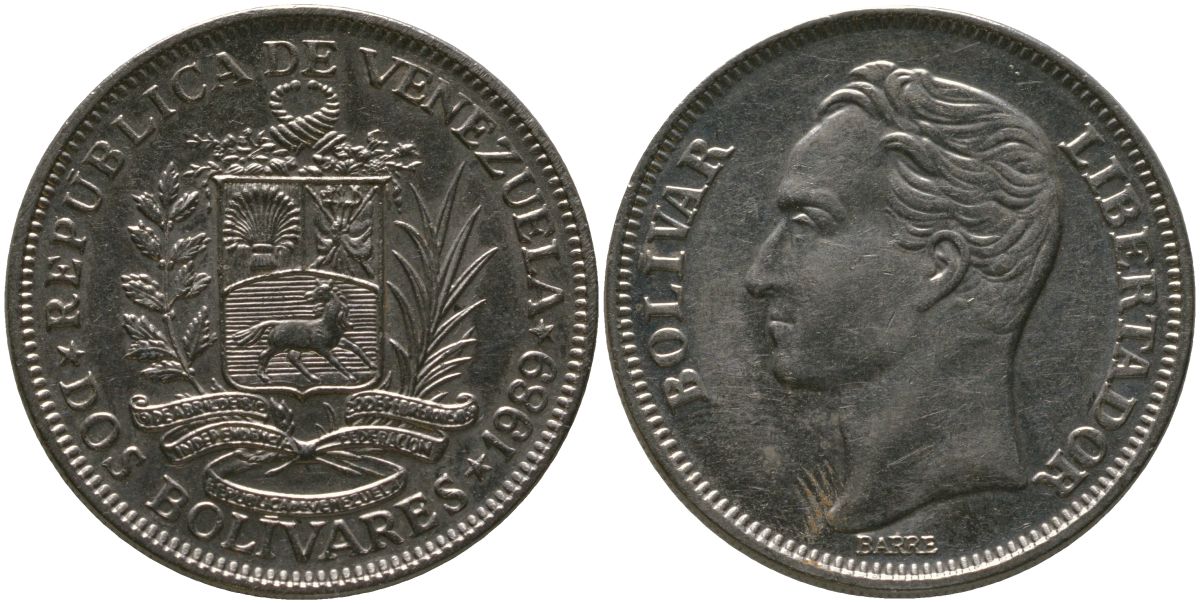 Венесуэла 2 боливара 1989 Combinations : 1 + A, Caracas mint KM 43a.2 сталь плакированная никелем 4529-335