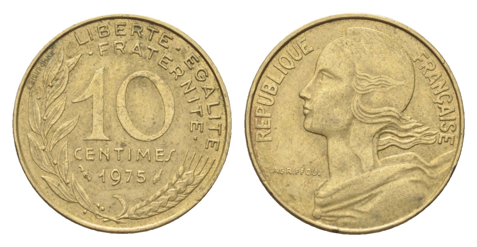 Франция 10 сантимов 1975 KM 929 алюминиевая бронза 4702-1269