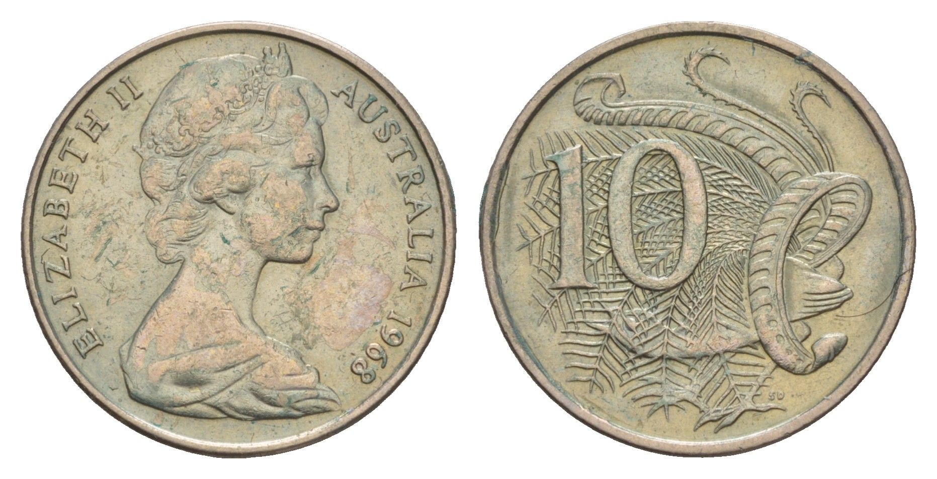 Австралия 10 центов 1968 Елизавета II (1952-2022), птица лирахвост KM 65 медно-никель 4657-136