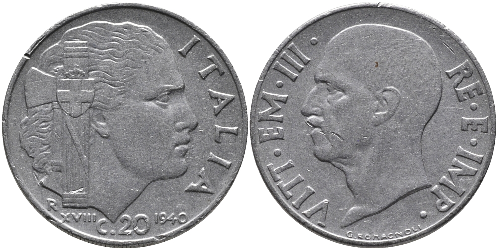 ИТАЛИЯ 20 ЧЕНТЕЗИМО 1940 R, ВИКТОР ИМАНУИЛ, XVIII ГОД, МАГНИТНАЯ KM 75b нержавеющая сталь 83-1057