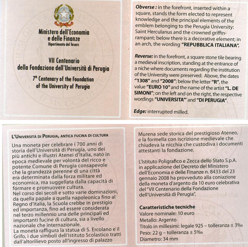 Италия 10 евро 2008 700 лет Университету Перуджиа, в оригинальной коробке с сертификатом KM 306 серебро PROOF 4-3-2-06