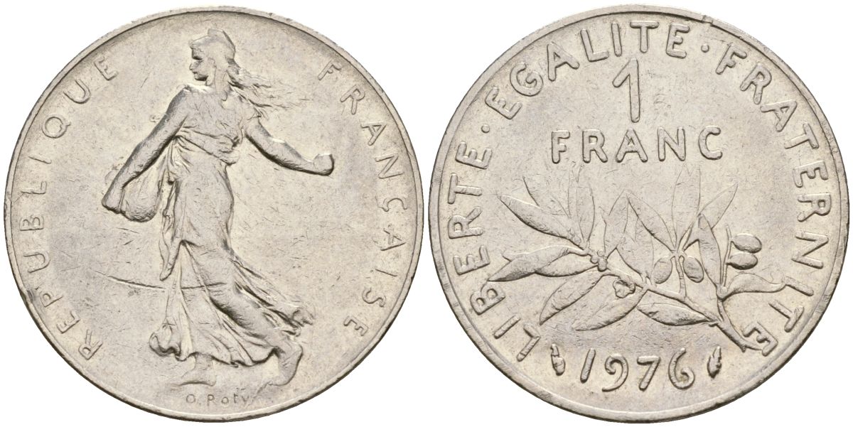 Франция 1 франк 1976 сеятель KM 925.1 никель 4165-345