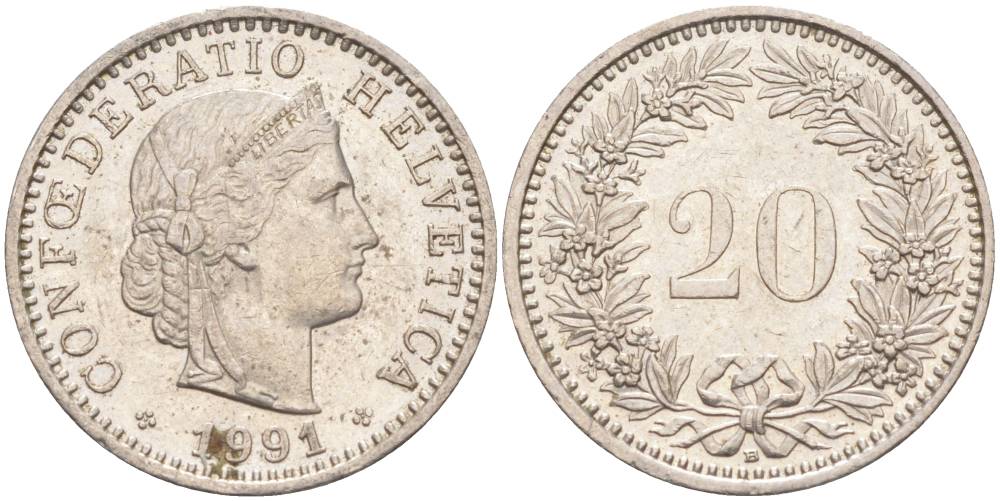 ШВЕЙЦАРИЯ 20 РАППЕНОВ 1991 В KM 29a медно-никель 55-1036