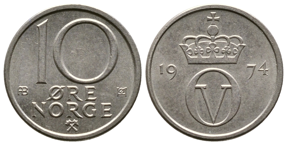 Норвегия 10 эре 1974 Улаф V (1958-1991) KM 416 медно-никель 220-456