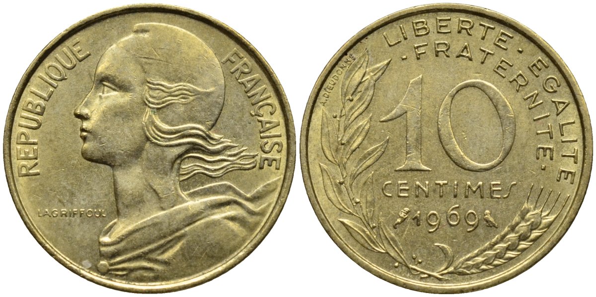 Франция 10 сантимов 1969 KM 929, Le Franc 144.9 медь алюминий никель 192-654