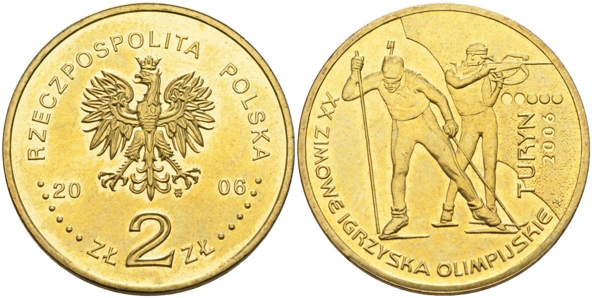 Польша 2 злотых 2006 MW, Зимние Олимпийские игры в Турине, биатлон KM 605, Parchimowicz 985 нордик 4586-1212