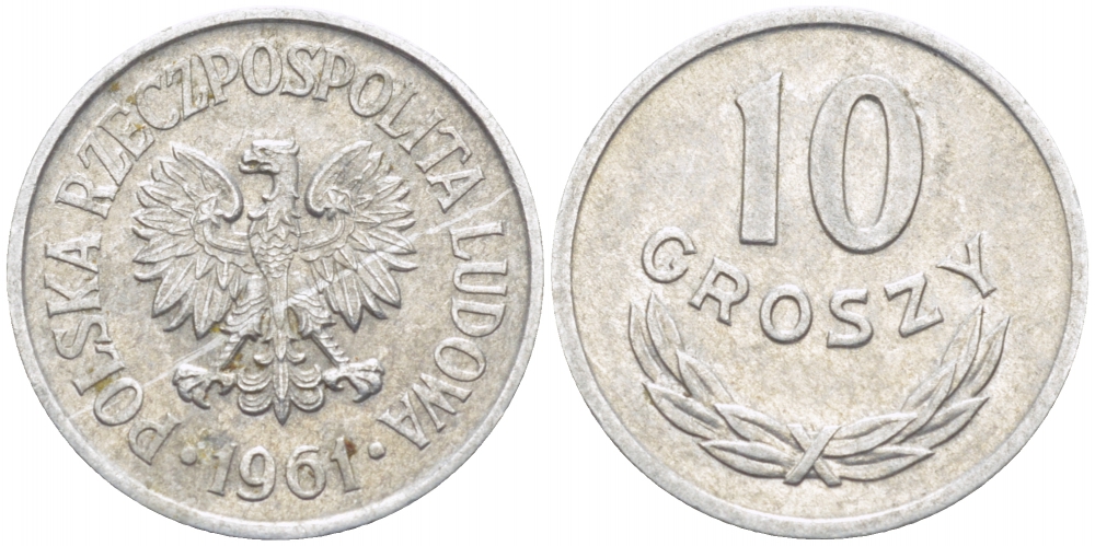 ПОЛЬША 10 ГРОШЕЙ 1961 MW KM АА47 алюминий 112-1211