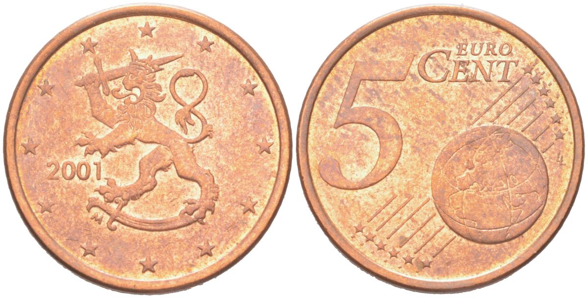 Финляндия 5 евроцентов 2001 KM 100 сталь плакированная медью aUNC 4614-731