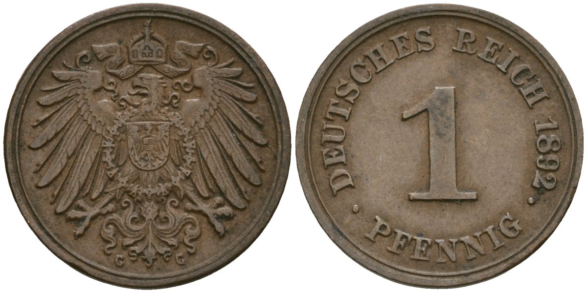Германия 1 пфенниг 1892 G, Вильгельм II (1888-1918) KM 10, J. 10 медь 1524-544