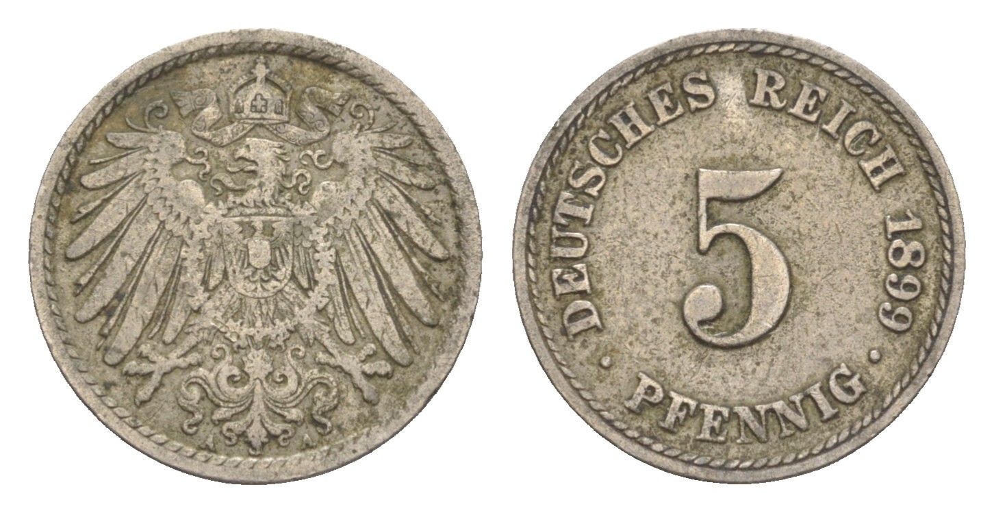 Германия 5 пфеннигов 1899 A, Вильгельм II (1888-1918) KM 11, J. 12 медно-никель 4647-857