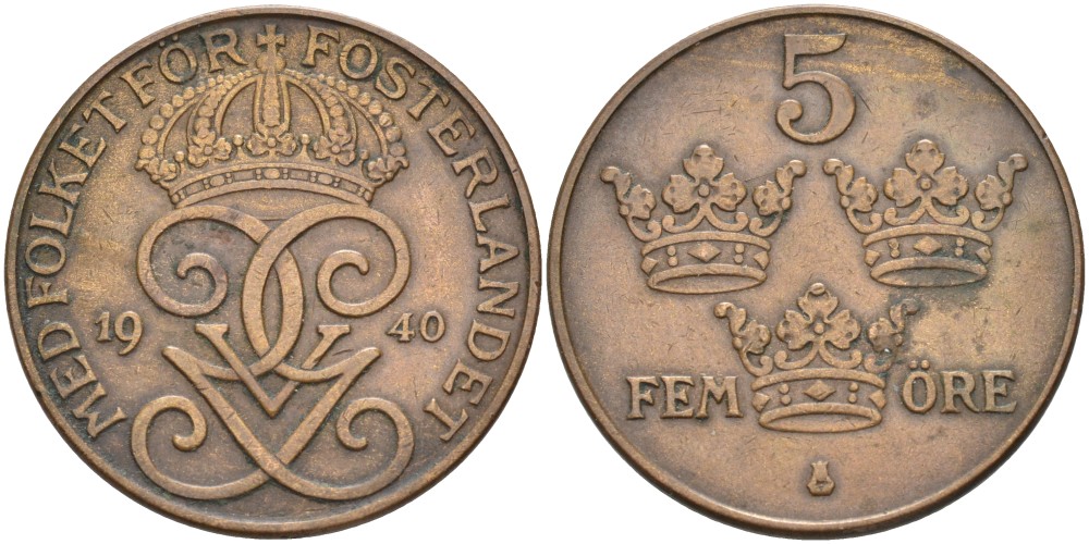 Швеция 5 эре 1940 Густав V (1907-1950), serif 4 KM 779.2 бронза 4557-642