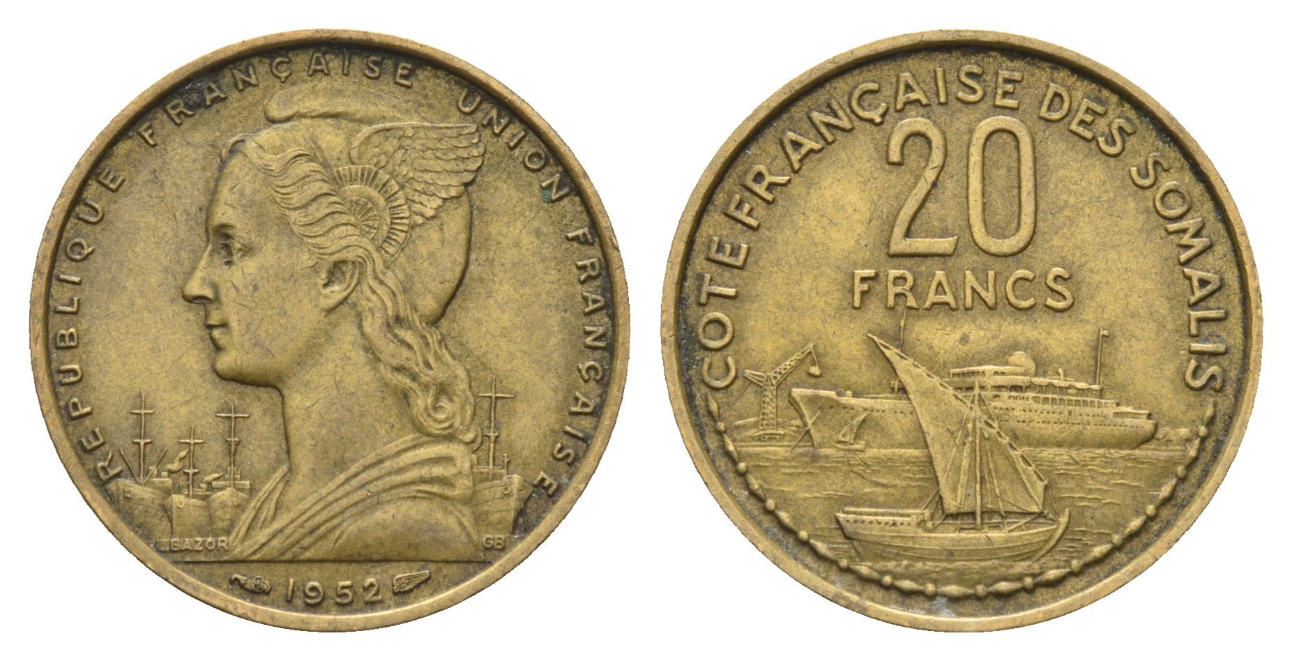 Французское Сомали 20 франков 1952 год-тип KM 7 алюминиевая бронза 1527-1124