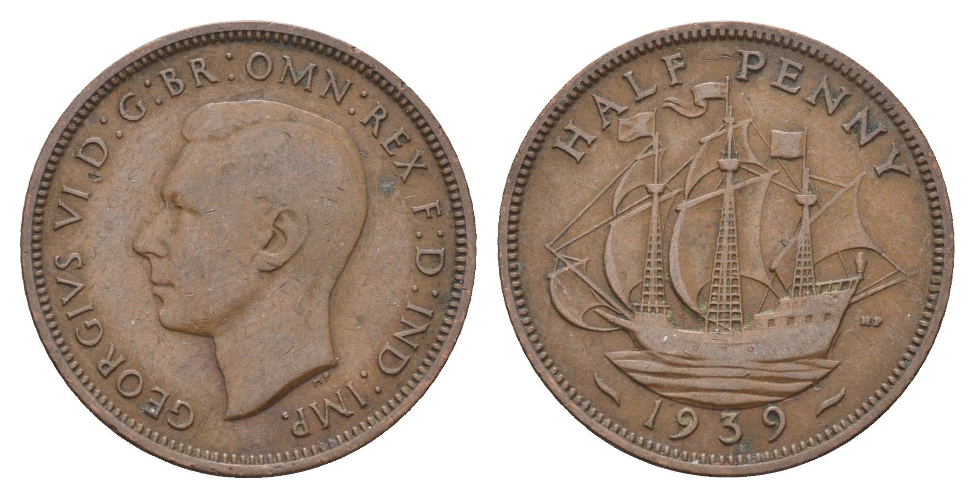 Великобритания 1/2 пенни 1939 Георг VI (1936-1952) KM 844, Spink 4115 бронза    4660-613
