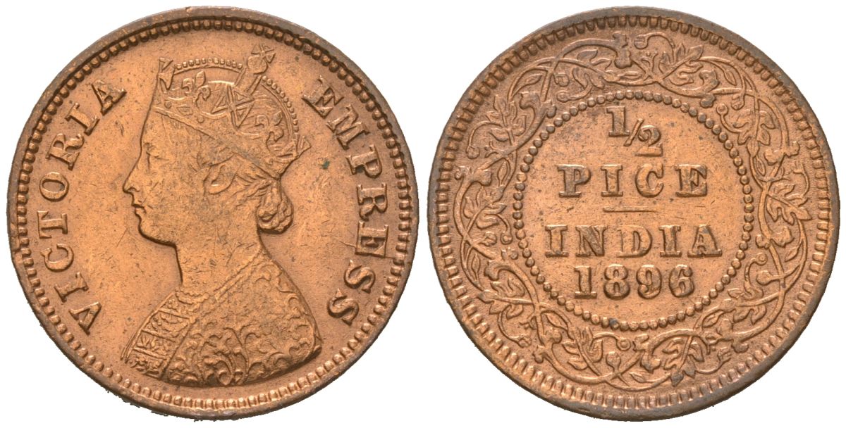 Британская Индия 1/2 пайса 1896 Виктория (1837-1901) KM 484 медь 4615-235